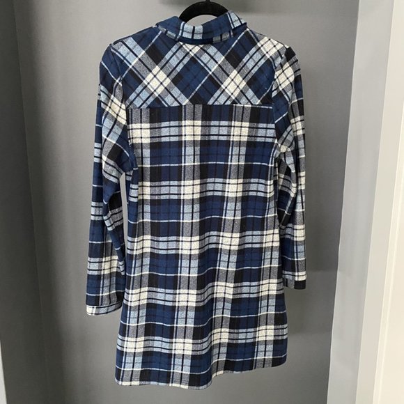 Navy Plaid Tunic Sweater W/Buttons and Collar-Pockets - Picture 3 of 10